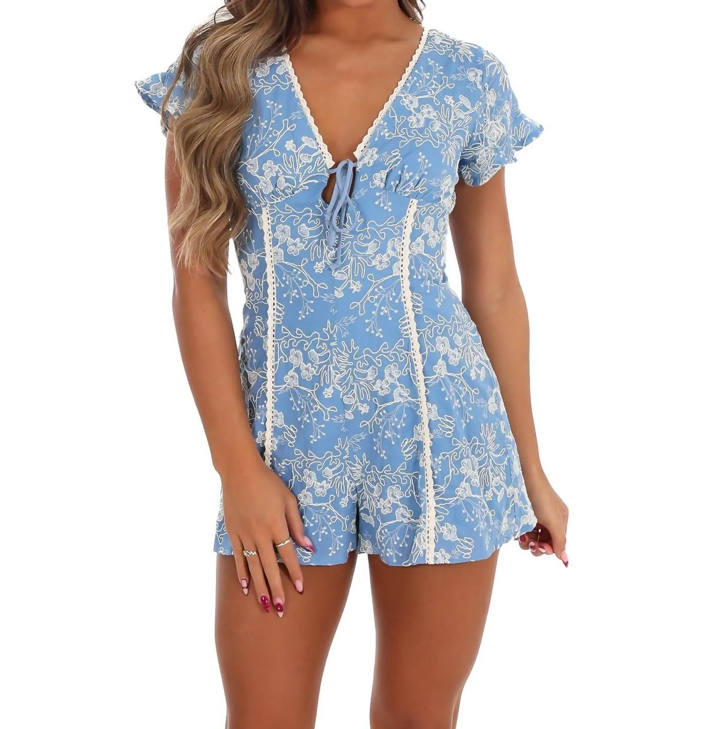 Magic Moments Embroidery Romper In Denim
