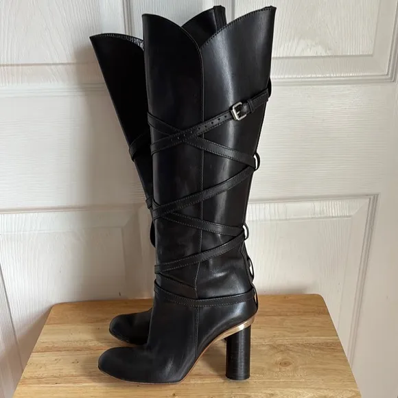 MALANDRINO Italian Boulogne Vachetta luxury leather black tall boots size 39