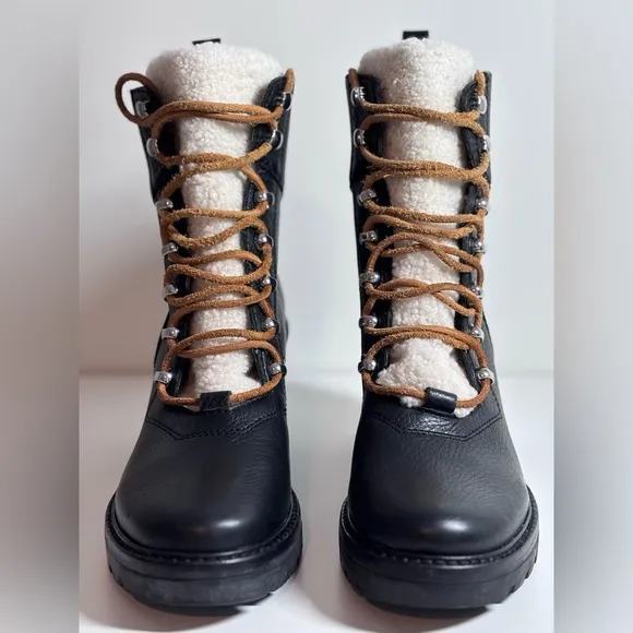 MARC FISHER Denise Lace Up Combat Boots Black Leather Sheep Fur Size 8