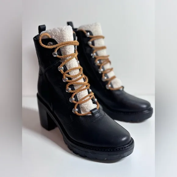 MARC FISHER Denise Lace Up Combat Boots Black Leather Sheep Fur Size 8