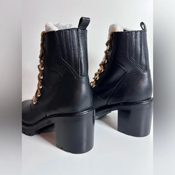 MARC FISHER Denise Lace Up Combat Boots Black Leather Sheep Fur Size 8