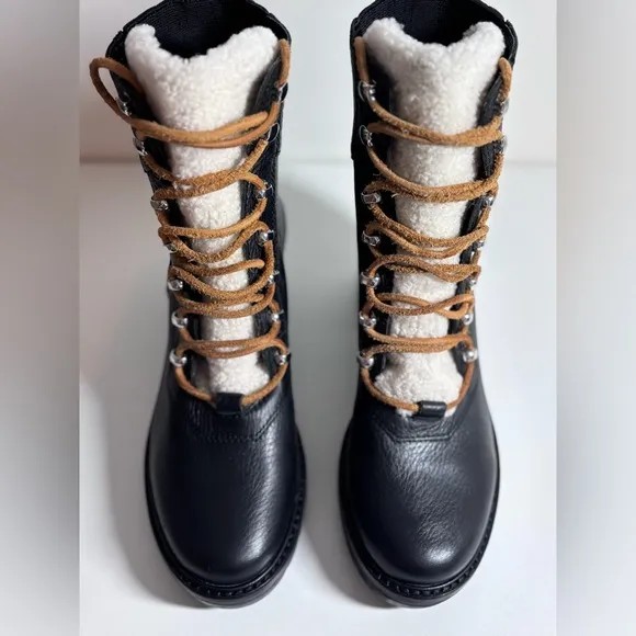 MARC FISHER Denise Lace Up Combat Boots Black Leather Sheep Fur Size 8