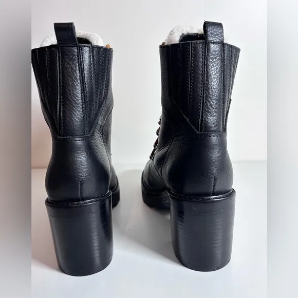 MARC FISHER Denise Lace Up Combat Boots Black Leather Sheep Fur Size 8