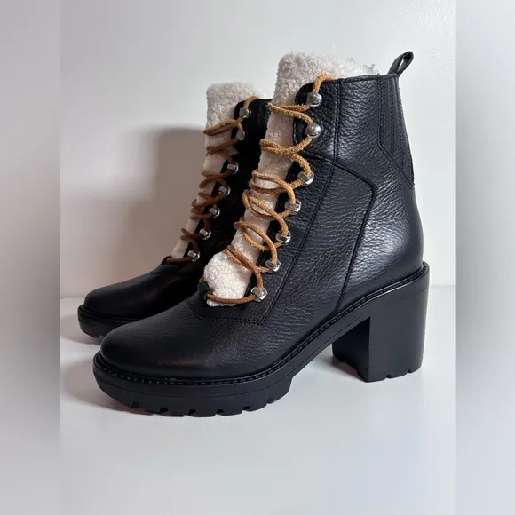 MARC FISHER Denise Lace Up Combat Boots Black Leather Sheep Fur Size 8