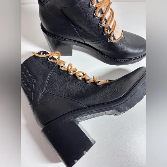 MARC FISHER Denise Lace Up Combat Boots Black Leather Sheep Fur Size 8