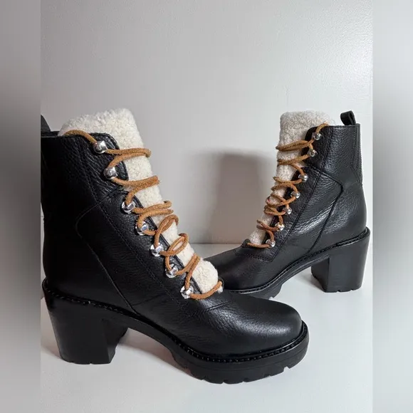 MARC FISHER Denise Lace Up Combat Boots Black Leather Sheep Fur Size 8