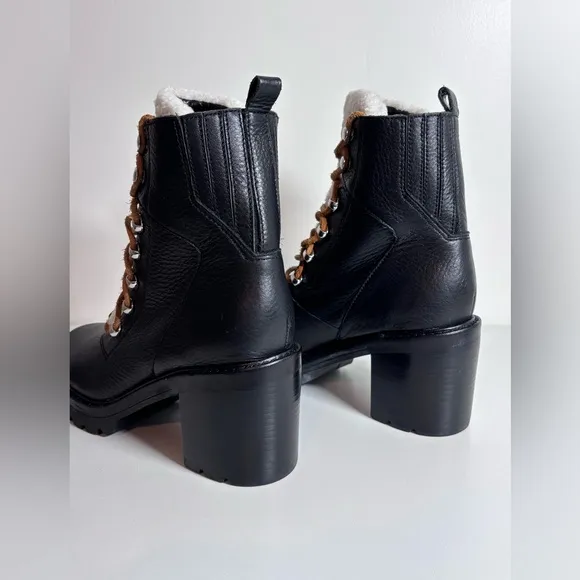 MARC FISHER Denise Lace Up Combat Boots Black Leather Sheep Fur Size 8