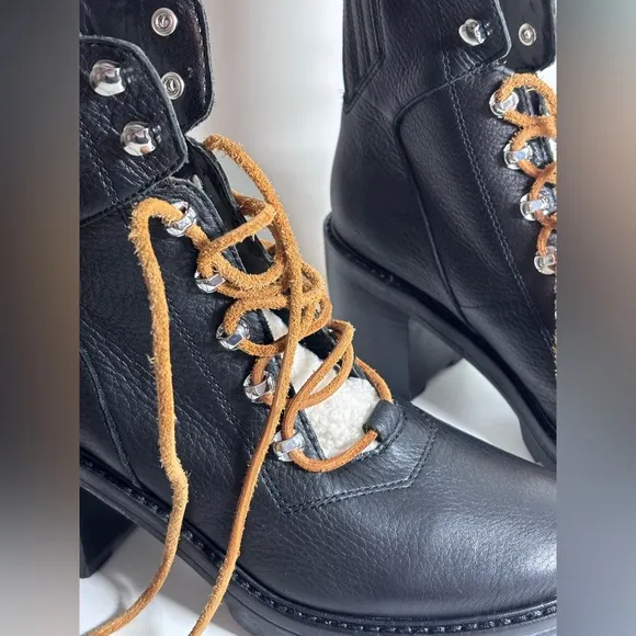 MARC FISHER Denise Lace Up Combat Boots Black Leather Sheep Fur Size 8