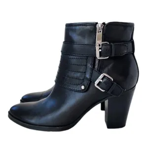 MARC FISHER Engine Black Leather Heeled Buckle Zip Ankle Boots size 9.5