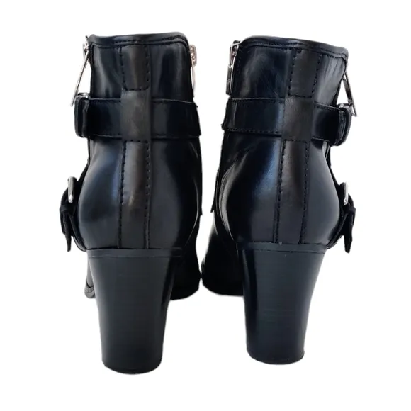 MARC FISHER Engine Black Leather Heeled Buckle Zip Ankle Boots size 9.5