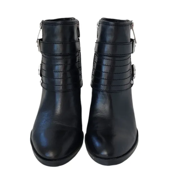 MARC FISHER Engine Black Leather Heeled Buckle Zip Ankle Boots size 9.5