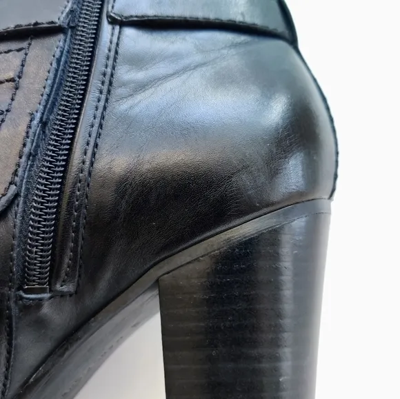 MARC FISHER Engine Black Leather Heeled Buckle Zip Ankle Boots size 9.5