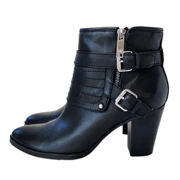 MARC FISHER Engine Black Leather Heeled Buckle Zip Ankle Boots size 9.5