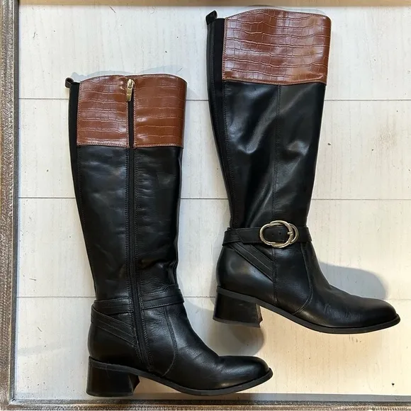 Marc Fisher Hailin Boots 6.5M Womens Leather Tall Shaft  Black Brown EUC