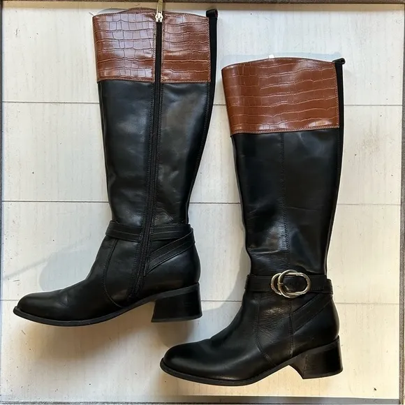 Marc Fisher Hailin Boots 6.5M Womens Leather Tall Shaft  Black Brown EUC