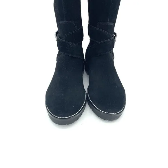 Marc Fisher Misty 2 Black Suede Leather Tall Combat Boots Strap SZ 6 New