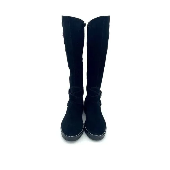 Marc Fisher Misty 2 Black Suede Leather Tall Combat Boots Strap SZ 6 New