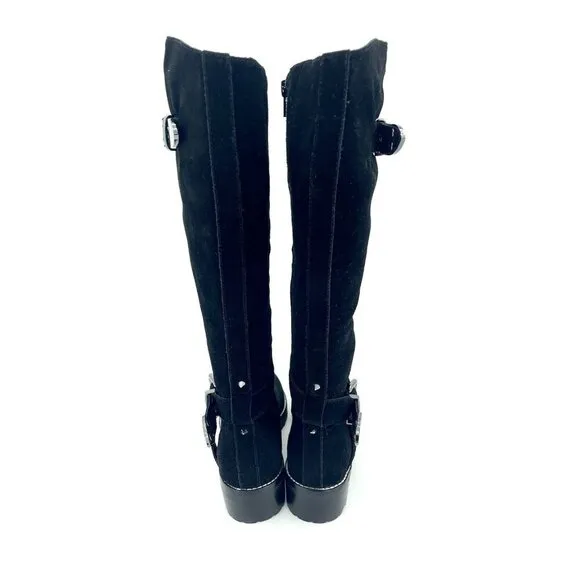 Marc Fisher Misty 2 Black Suede Leather Tall Combat Boots Strap SZ 6 New