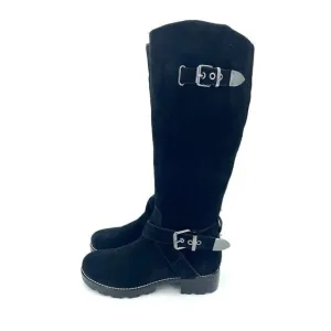 Marc Fisher Misty 2 Black Suede Leather Tall Combat Boots Strap SZ 6 New