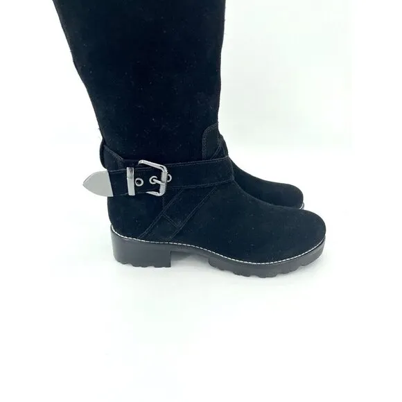 Marc Fisher Misty 2 Black Suede Leather Tall Combat Boots Strap SZ 6 New