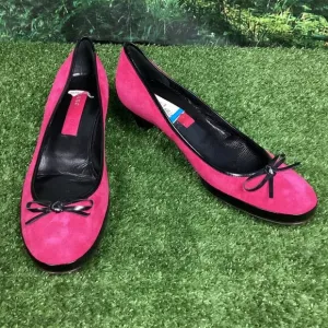 Marc Jacobs Pink Suede Leather Black Bow Kitten Heel Shoes 10M