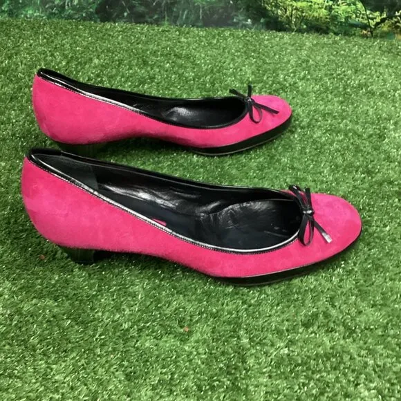 Marc Jacobs Pink Suede Leather Black Bow Kitten Heel Shoes 10M