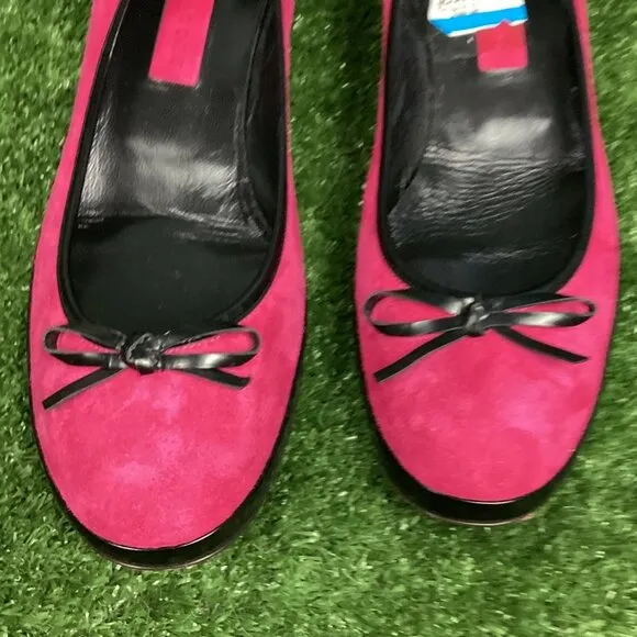 Marc Jacobs Pink Suede Leather Black Bow Kitten Heel Shoes 10M
