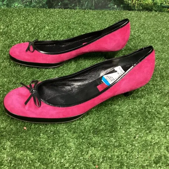 Marc Jacobs Pink Suede Leather Black Bow Kitten Heel Shoes 10M