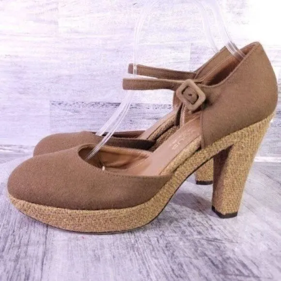 Marchez Vous Felt Tweed Ankle Strap Platform Pump Brown Women's sz 9
