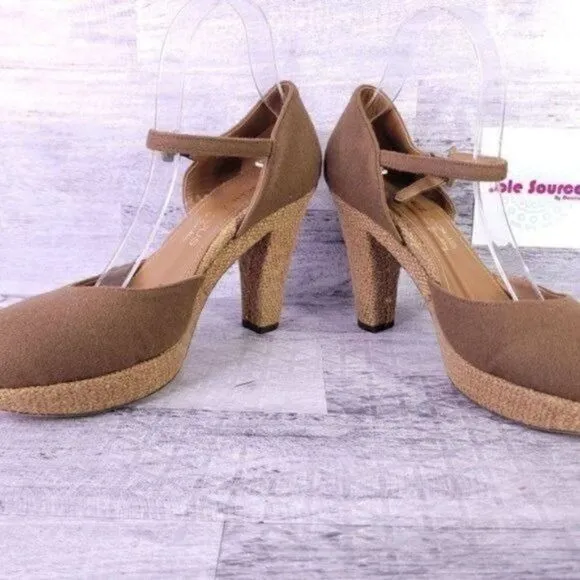 Marchez Vous Felt Tweed Ankle Strap Platform Pump Brown Women's sz 9