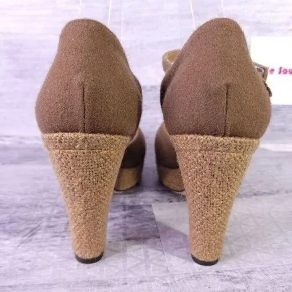 Marchez Vous Felt Tweed Ankle Strap Platform Pump Brown Women's sz 9