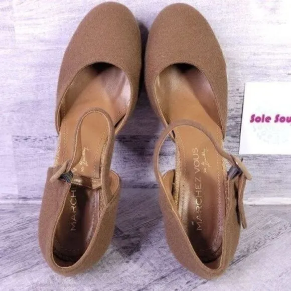 Marchez Vous Felt Tweed Ankle Strap Platform Pump Brown Women's sz 9