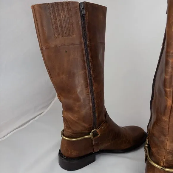 Matisse Tall Brown Distressed Leather Riding Boots Western Size 9.5 M Brass Band
