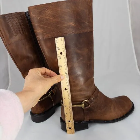 Matisse Tall Brown Distressed Leather Riding Boots Western Size 9.5 M Brass Band