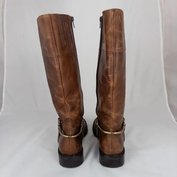 Matisse Tall Brown Distressed Leather Riding Boots Western Size 9.5 M Brass Band