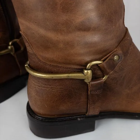 Matisse Tall Brown Distressed Leather Riding Boots Western Size 9.5 M Brass Band