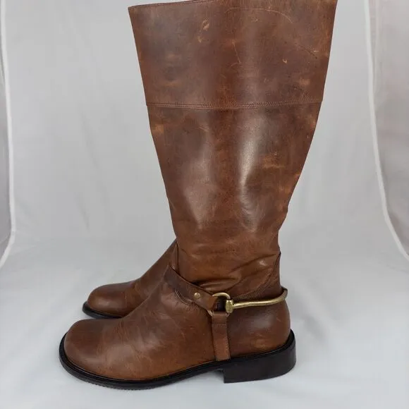 Matisse Tall Brown Distressed Leather Riding Boots Western Size 9.5 M Brass Band