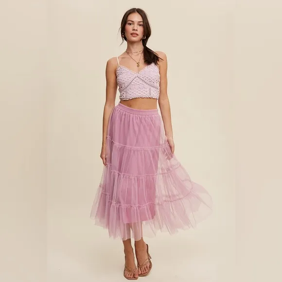 Mauve Pink Tiered Mesh Tulle Flouncy Midi Skirt