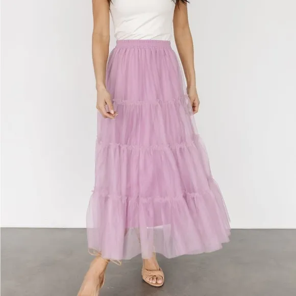 Mauve Pink Tiered Mesh Tulle Flouncy Midi Skirt