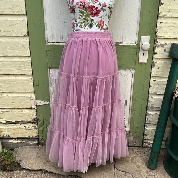 Mauve Pink Tiered Mesh Tulle Flouncy Midi Skirt