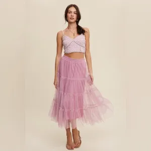 Mauve Pink Tiered Mesh Tulle Flouncy Midi Skirt