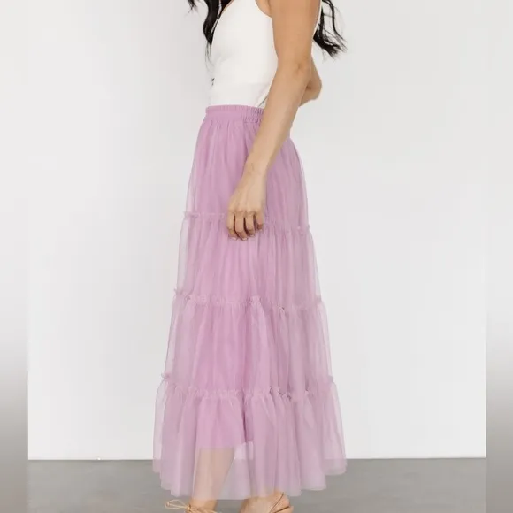 Mauve Pink Tiered Mesh Tulle Flouncy Midi Skirt