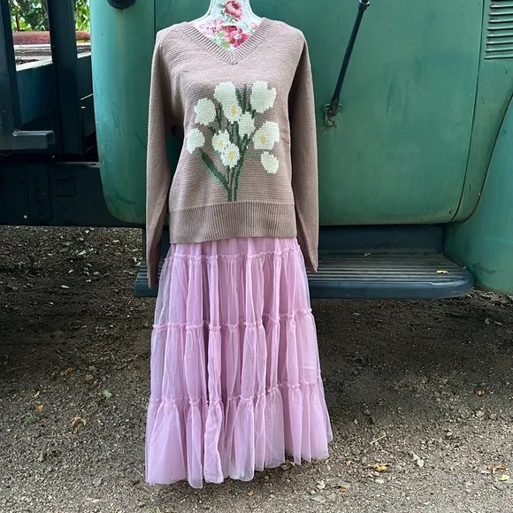 Mauve Pink Tiered Mesh Tulle Flouncy Midi Skirt