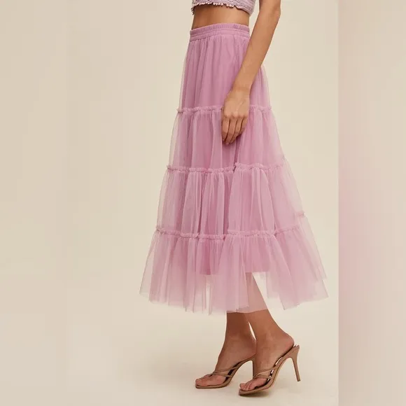 Mauve Pink Tiered Mesh Tulle Flouncy Midi Skirt