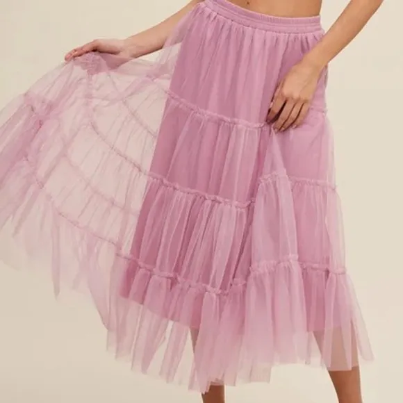 Mauve Pink Tiered Mesh Tulle Flouncy Midi Skirt