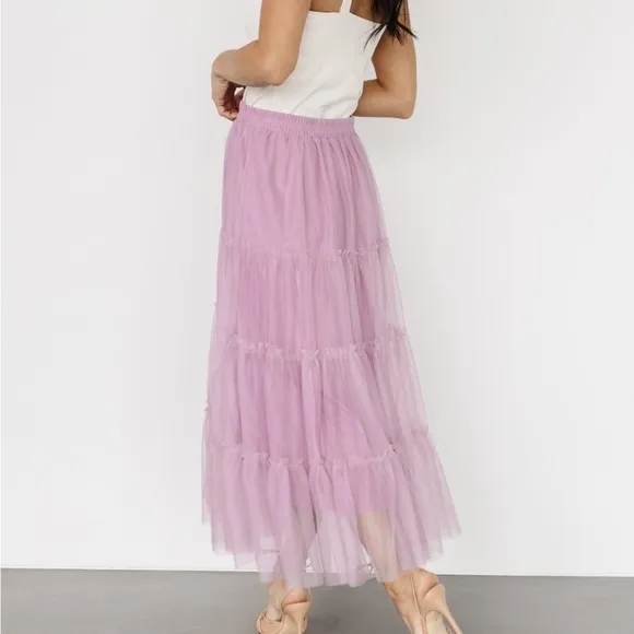 Mauve Pink Tiered Mesh Tulle Flouncy Midi Skirt