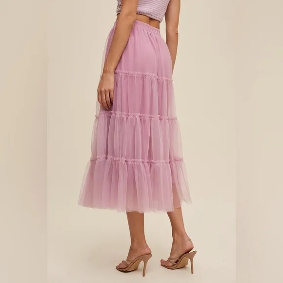 Mauve Pink Tiered Mesh Tulle Flouncy Midi Skirt