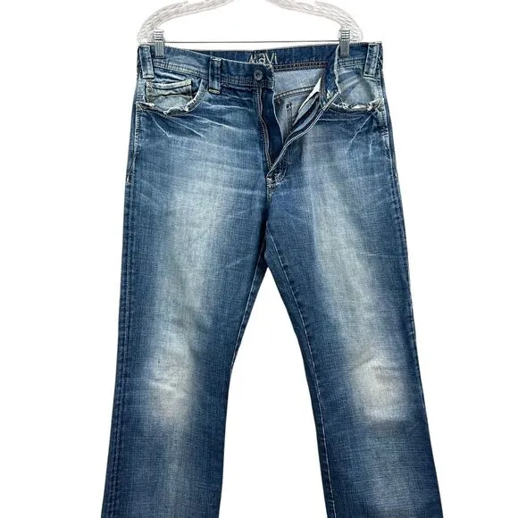 Mavi Mens Jeans Matt Straight Leg Distressed Raw‎ Hem Blue Zip Fly Sz 34/32