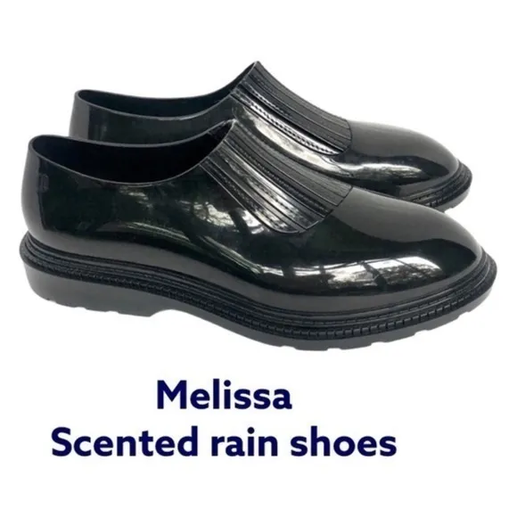 Melissa Scented Rain Shoes Preppy Rubber Slip on   Ankle Boots Black Patent 8