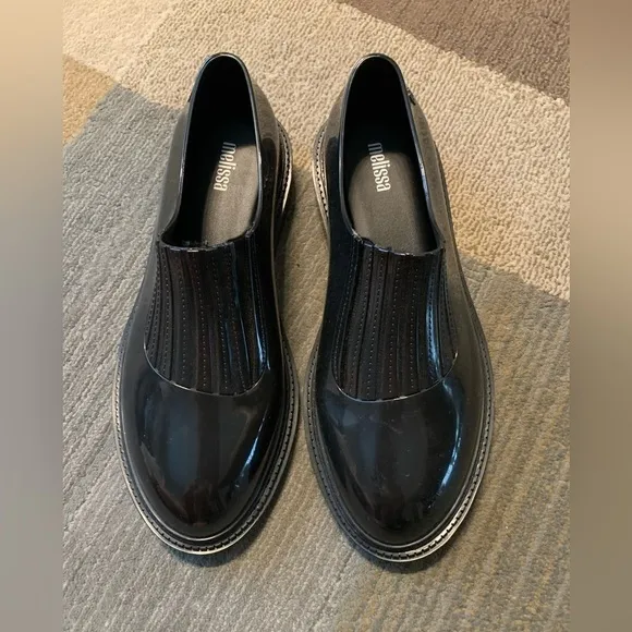 Melissa Scented Rain Shoes Preppy Rubber Slip on   Ankle Boots Black Patent 8